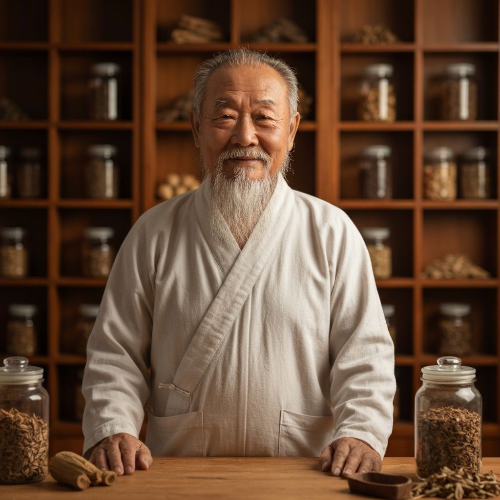 Traditionelle Chinesische Medizin Arzt mit Naturheilkräutern